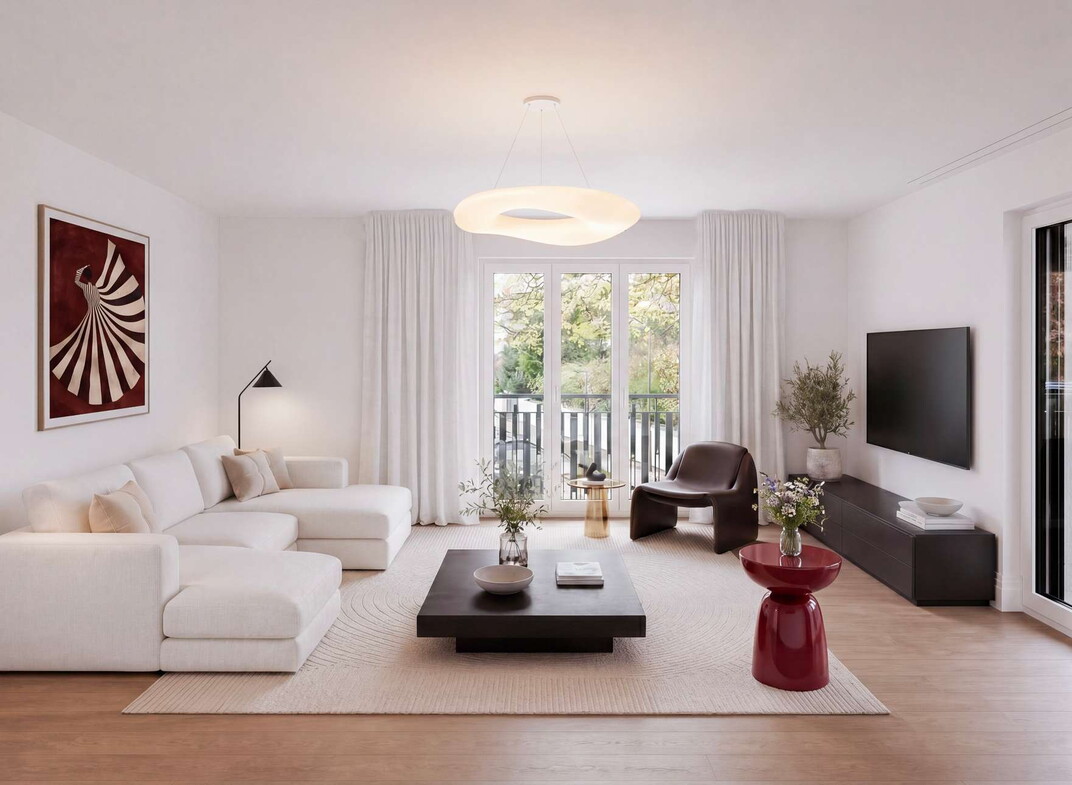 HAUS KÖNIGSWIESE - Wohnen/Kochen/Essen das Bild anpassen- Deckenlampe von Foto einfügen_ Beistelltisch rot re 139181